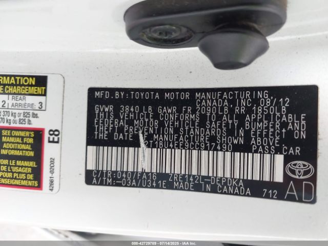 2012 TOYOTA COROLLA 2T1BU4EE9CC917490 Photo 8