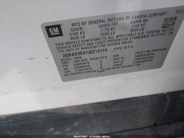 2GNAXVEV7J6214114 Chevrolet lyx - direct injection, vvt, fgt, turbo, alum, gen1