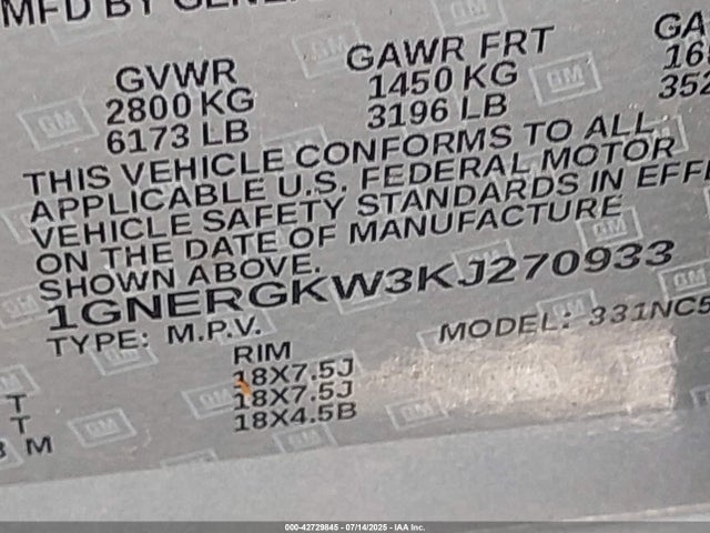 1GNERGKW3KJ270933 Chevrolet lfy - spark ignited direct injection, atss, gen 1