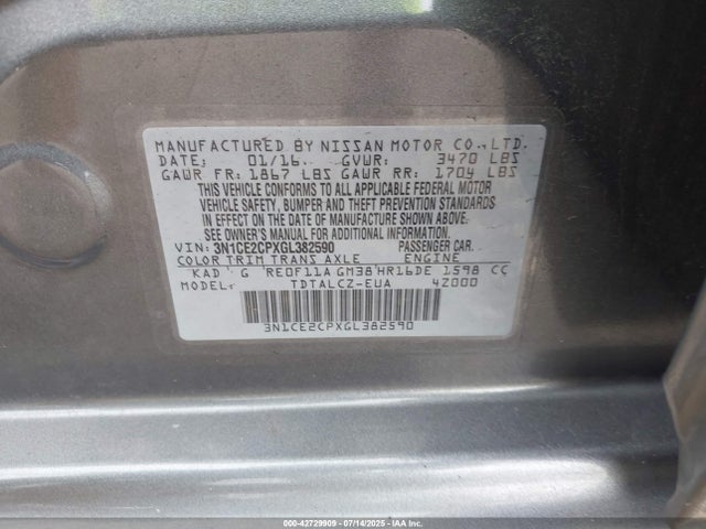 Aukcja sprzedaży 2016 Nissan Versa Note S Plus, vin: 3N1CE2CPXGL382590, numer aukcji: 42729909