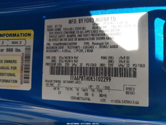 2019 FORD MUSTANG 1FA6P8TH0K5102299 Photo 8