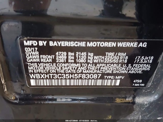 WBXHT3C35H5F83087 BMW 2017