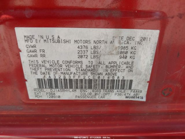 2012 MITSUBISHI GALANT 4A32B3FF2CE014583 Photo 8