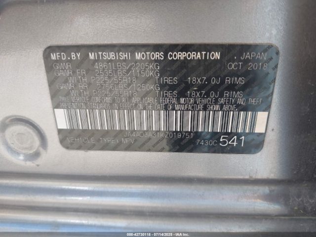 2019 MITSUBISHI OUTLANDER JA4AD3A31KZ019751 Photo 8