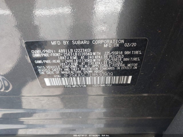 JF2SKASC7LH530909 Subaru naturally aspirated u5