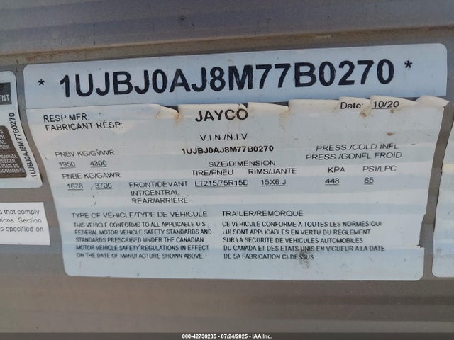 1UJBJ0AJ8M77B0270 Jayco Jayco