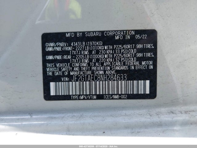 Subaru na 2022 JF2GTAEC8NH284633 Image 9