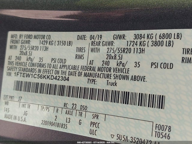 Ford 5.0l 4v 2019 1FTEW1C56KKD42304 Image 9