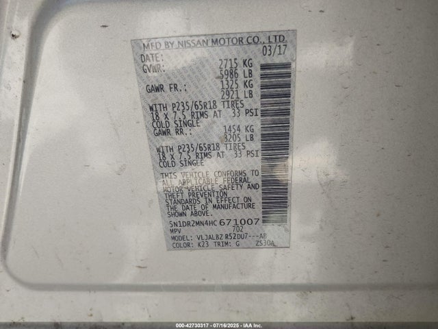 Nissan Pathfinder 2017 5N1DR2MN4HC671007 Image 9
