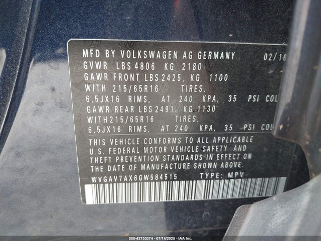 WVGAV7AX6GW584515 Volkswagen 2016