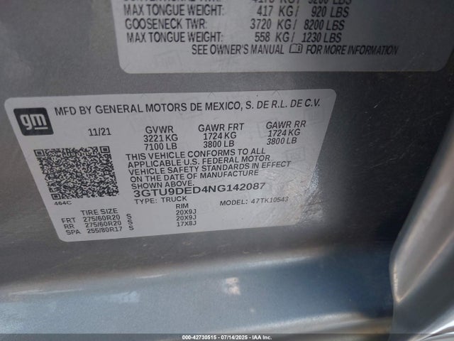 3GTU9DED4NG142087 GMC l84