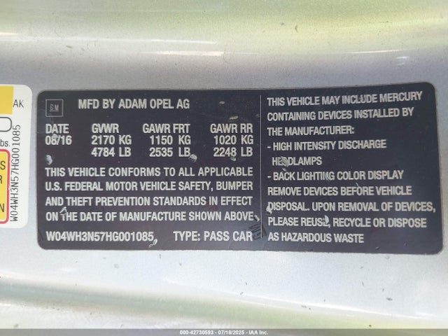 W04WH3N57HG001085 Buick iwc - sidi: spark ignited direct injection, vvt: variable valve timing, ho: high output, fam 1, gen 4, gme