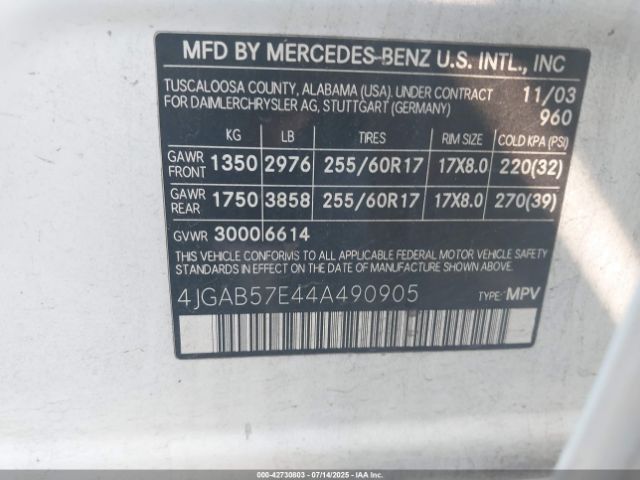 2004 MERCEDES-BENZ ML 350 4JGAB57E44A490905 Photo 8