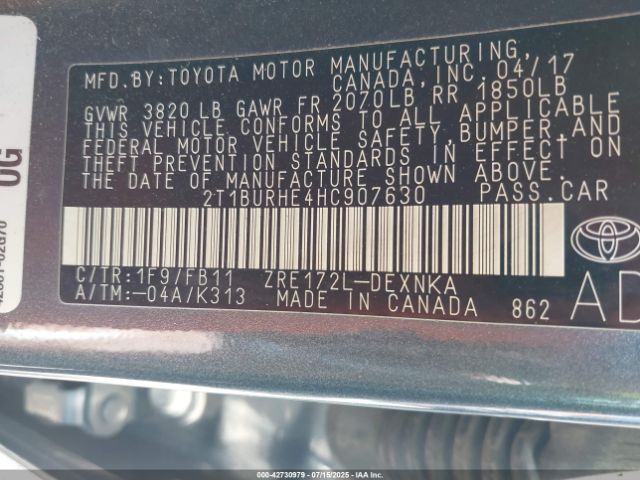 2017 TOYOTA COROLLA 2T1BURHE4HC907630 Photo 8