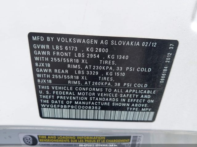 2012 VOLKSWAGEN TOUAREG WVGEF9BP9CD008352 Photo 8