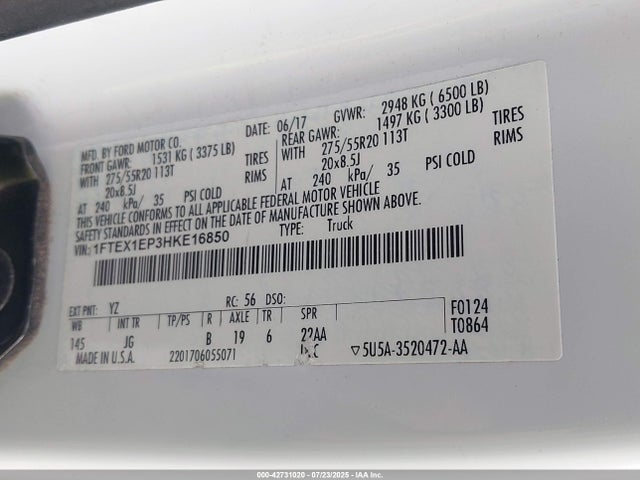 1FTEX1EP3HKE16850 Ford F-150 Lariat/xl/xlt