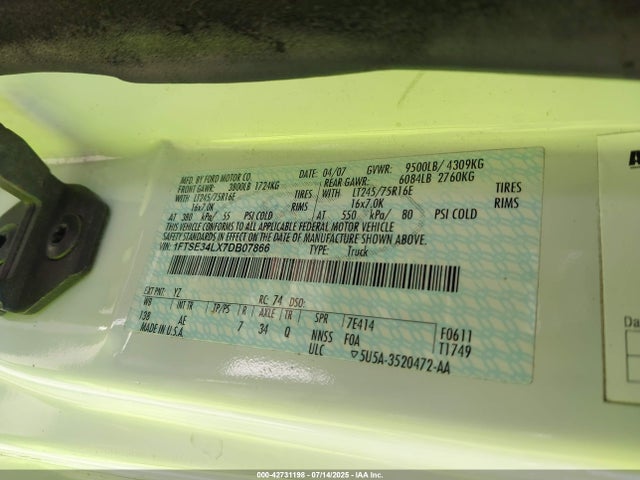 Продаж на аукціоні авто 2007 Ford E-350 Super Duty Commercial/recreational, vin: 1FTSE34LX7DB07866, номер лоту: 42731198