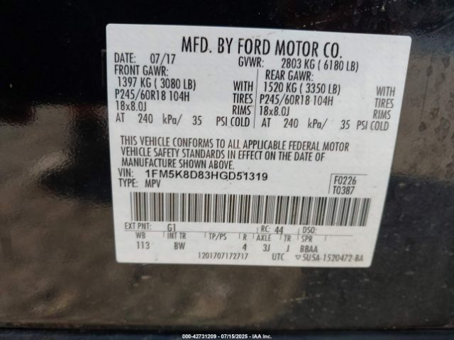 2017 FORD EXPLORER 1FM5K8D83HGD51319 Photo 8