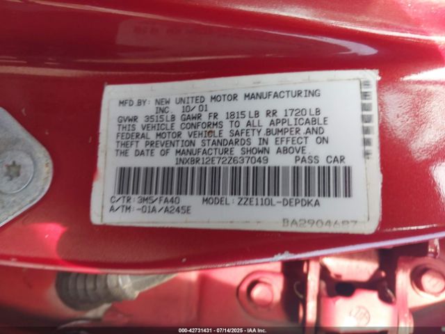2002 TOYOTA COROLLA 1NXBR12E72Z637049 Photo 8