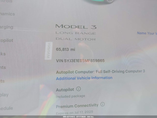 5YJ3E1EB5MF859865 Tesla MODEL 3