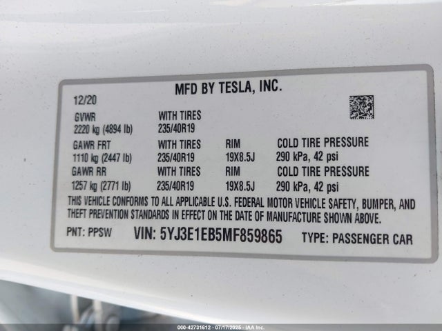 2021 TESLA MODEL 3 5YJ3E1EB5MF859865 Photo 8
