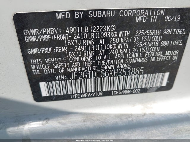 Subaru naturally aspirated 2019 JF2GTDEC6KH353865 Image 9