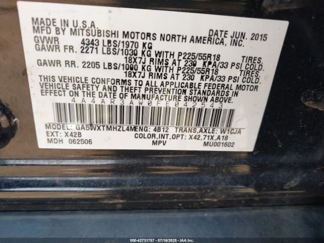 2015 MITSUBISHI OUTLANDER SPORT 4A4AR3AW0FE042543 Photo 8