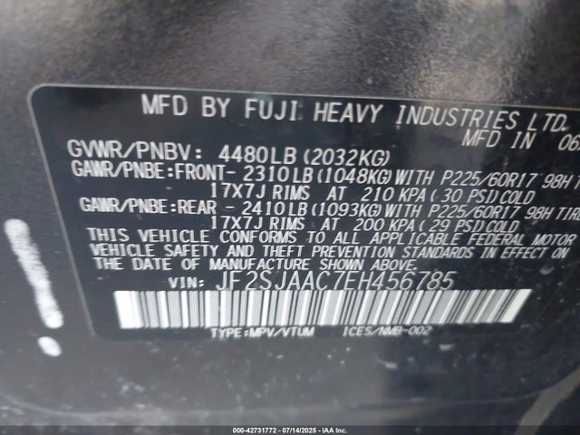 Subaru 2.5na u5 2014 JF2SJAAC7EH456785 Image 9