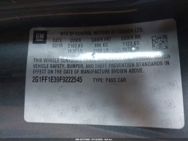 Chevrolet lfx 2015 2G1FF1E39F9222545 Image 9