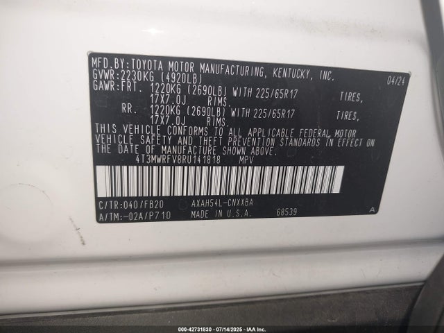 4T3MWRFV8RU141818 Toyota a25a-fxs