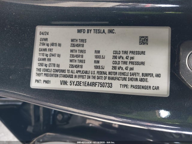 2024 TESLA MODEL 3 5YJ3E1EA4RF750733 Photo 8