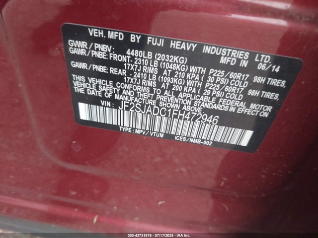 Subaru 2.5na u5 2015 JF2SJADC1FH472946 Image 9