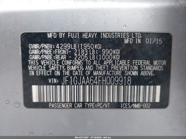 Subaru 2.0l na 2015 JF1GJAA64FH009918 Image 9