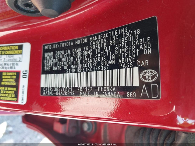 Toyota 2zr-fe 2019 2T1BURHE1KC179367 Image 9