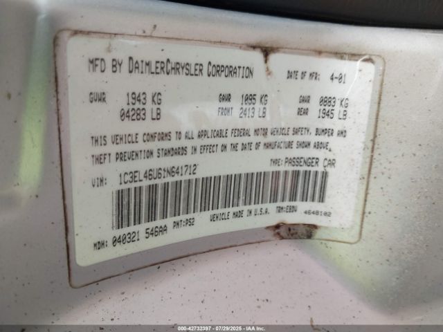 2001 CHRYSLER SEBRING 1C3EL46U61N641712 Photo 8
