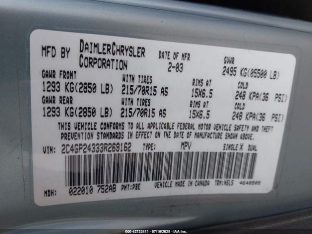2003 CHRYSLER TOWN & COUNTRY 2C4GP24333R269162 Photo 8