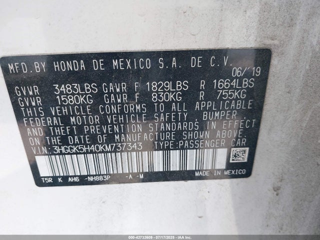 3HGGK5H40KM737343 Honda l15b1