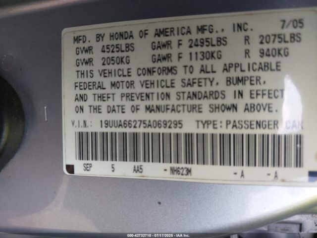 2005 ACURA TL 19UUA66275A069295 Photo 8