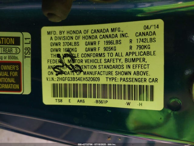 Honda Civic Lx 2014 2HGFG3B54EH520609 Image 9