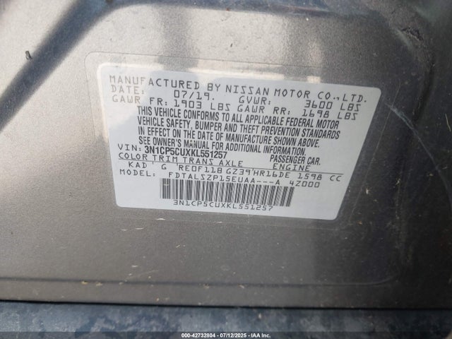 3N1CP5CUXKL551257 Nissan 2019