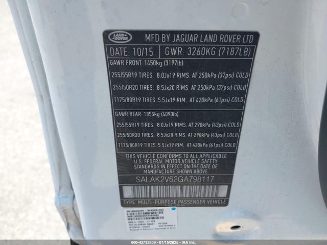 Land Rover s/c lev2 ulev 2016 SALAK2V62GA798117 Image 9