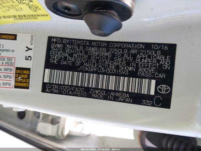 JTDKBRFU3H3031593 Toyota 2zr-fxe,1nm