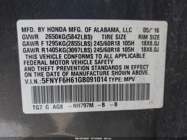 5FNYF6H61GB091014 Honda j35y6