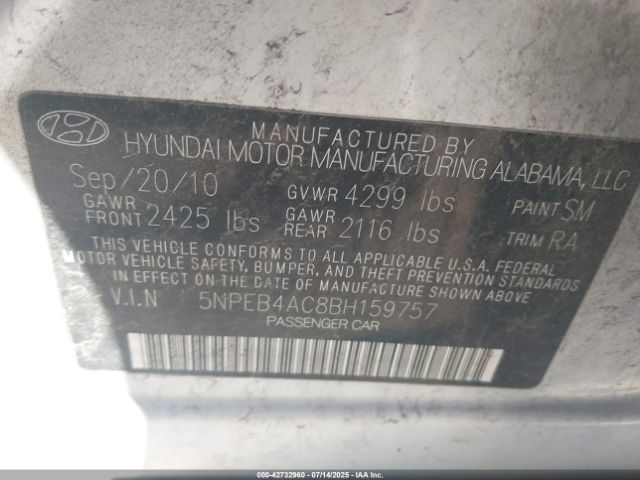 2011 HYUNDAI SONATA 5NPEB4AC8BH159757 Photo 8