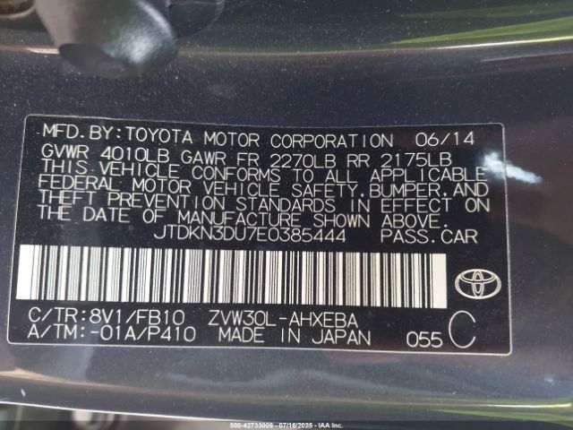 2014 TOYOTA PRIUS JTDKN3DU7E0385444 Photo 8