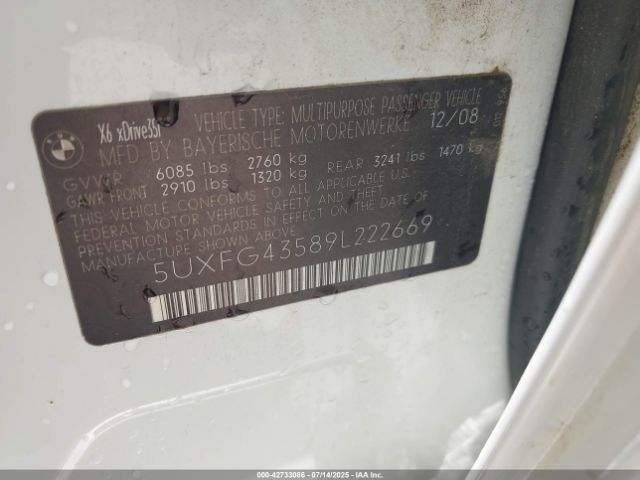 2009 BMW X6 5UXFG43589L222669 Photo 8