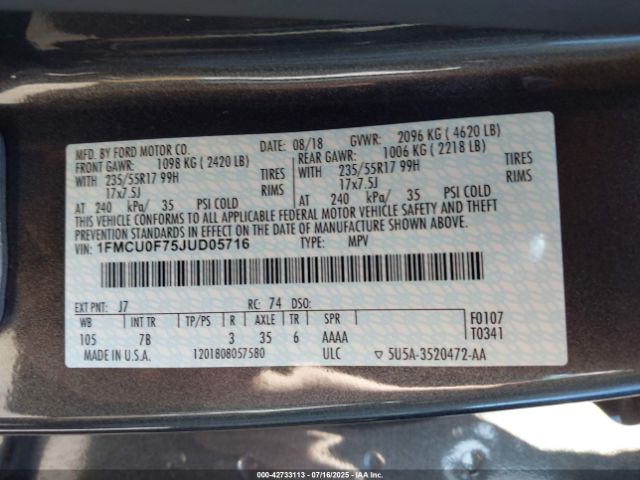 2018 FORD ESCAPE 1FMCU0F75JUD05716 Photo 8