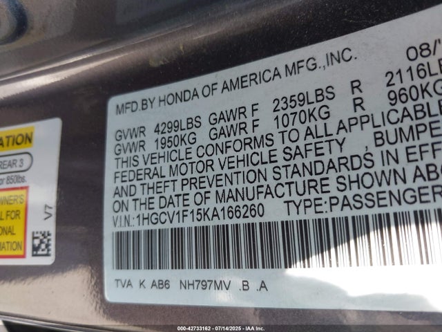 1HGCV1F15KA166260 Honda l15be