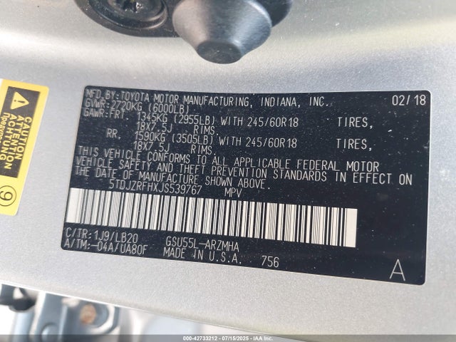 5TDJZRFHXJS539767 Toyota 2gr-fks
