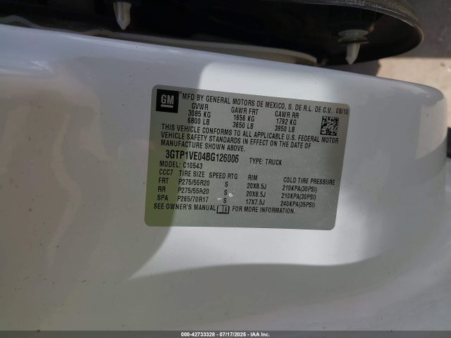 42733328 :رقم المزاد ، 3GTP1VE04BG126006 vin ، 2011 Gmc Sierra 1500 Sle مزاد بيع